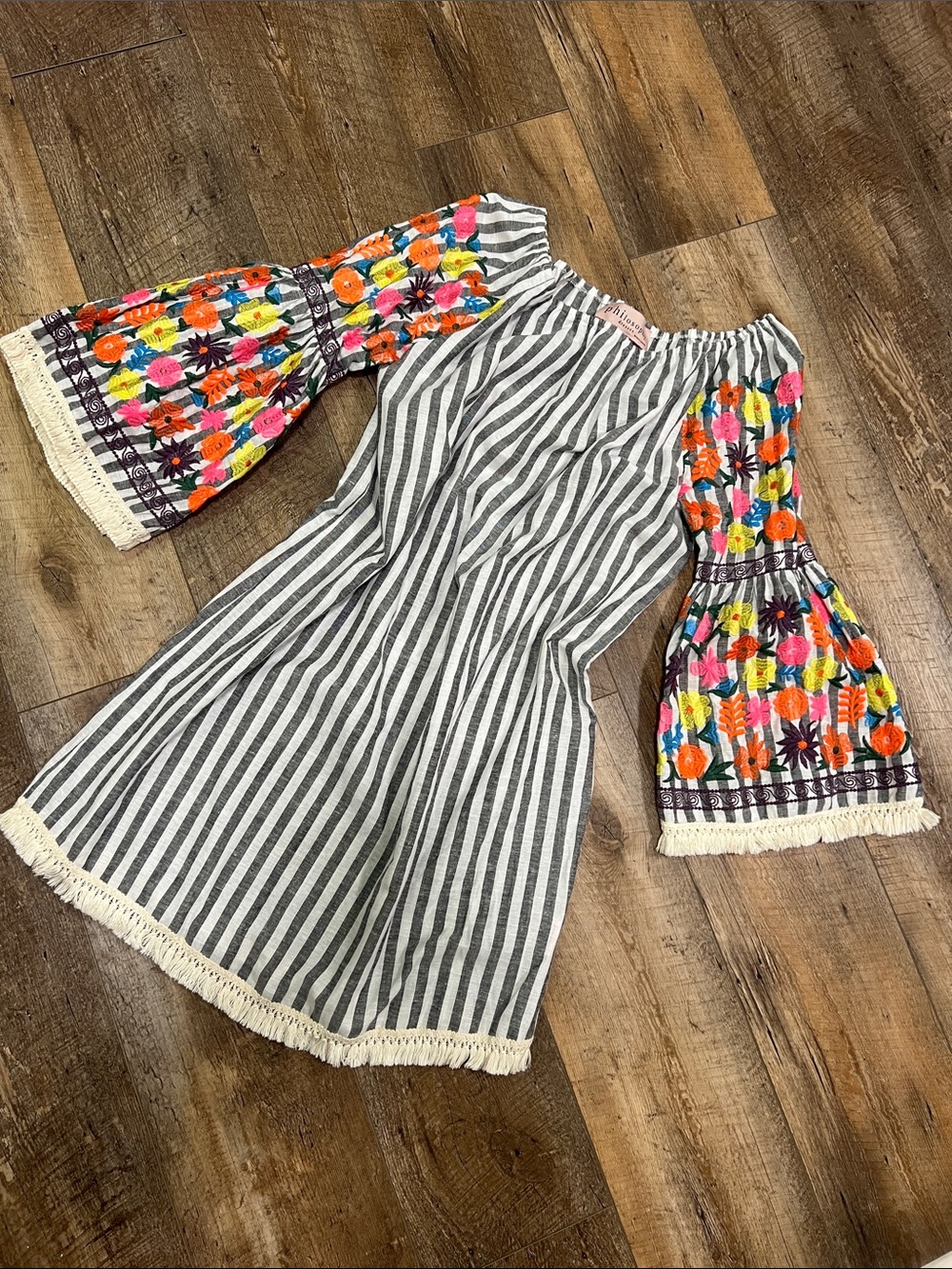 Philosophy Black and White Striped Dress with Multicolor Floral Bell Sleeves